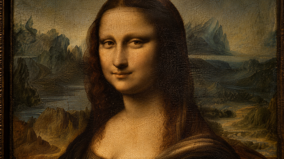 Detail obrazu Mona Lisa od Leonarda da Vinciho s krajinou v pozadí, v ktorej niektorí pozorovatelia vidia tvary zvierat.