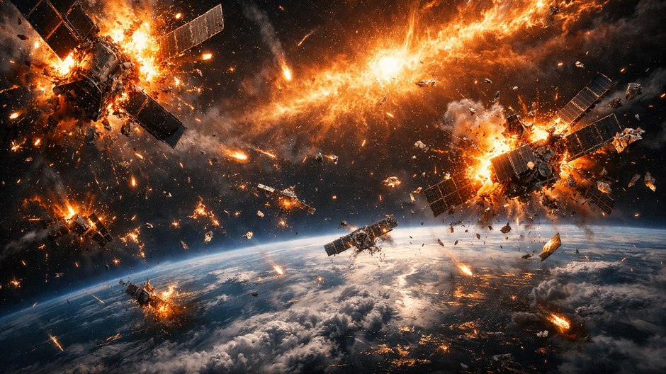 Viacero satelitov exploduje na orbite Zeme uprostred slnečnej búrky, s ohnivými výbuchmi a troskami v priestore, Zem v pozadí osvetlená žiarením búrky.