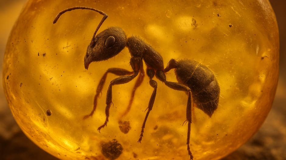 Detailná makrofotografia prastarého mravca zachovaného v karibskom jantári, starého približne 20 miliónov rokov.