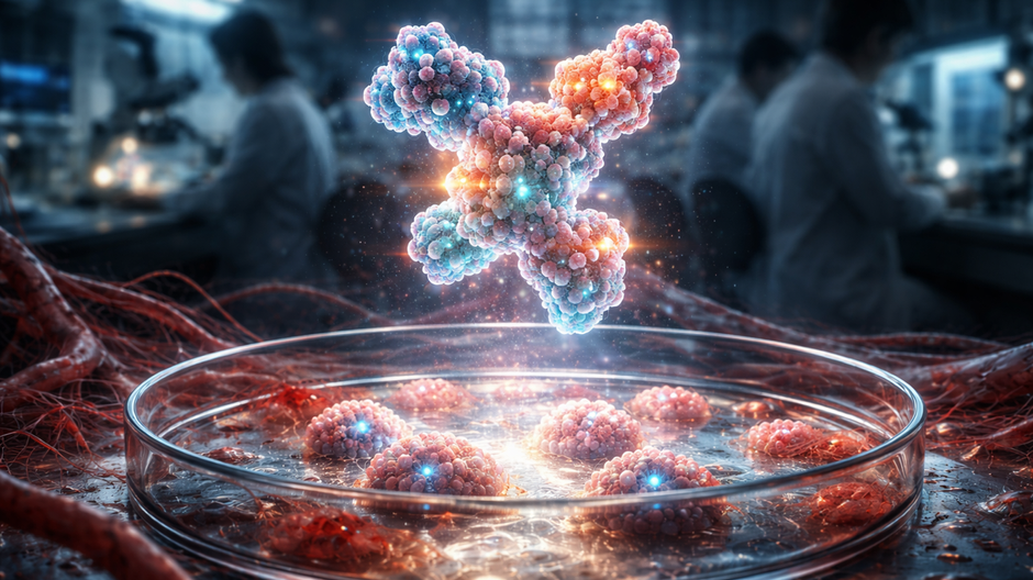 Fotorealistické zobrazenie proteínu HMGB1 nad ľudskými bunkami v laboratóriu pri výskume starnutia