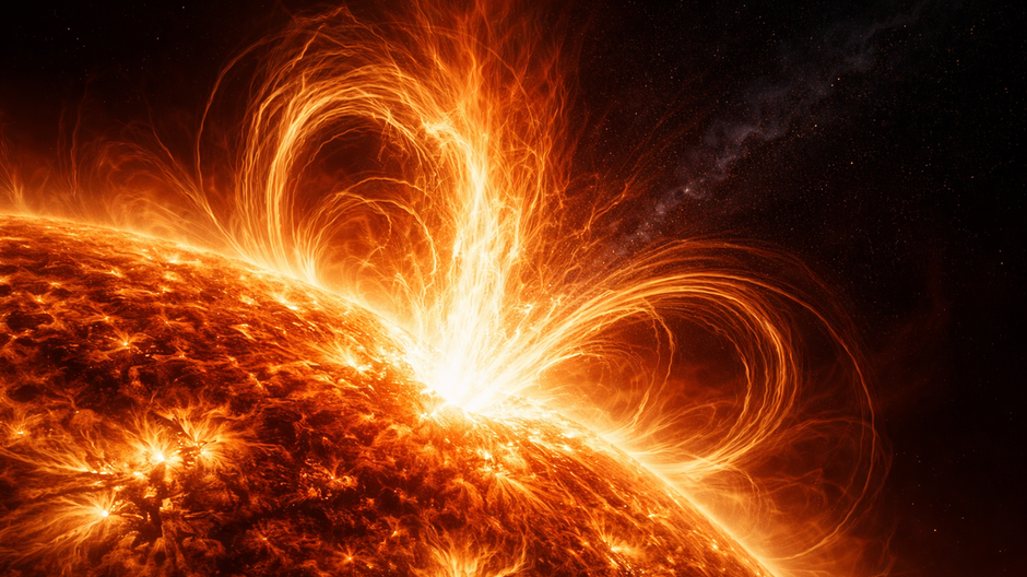 Fotorealistický detail masívnej slnečnej erupcie triedy X, pri ktorej z povrchu Slnka vystreľujú žeravé oblúky plazmy a magnetické slučky do temného vesmíru v štýle NASA vedeckej fotografie.