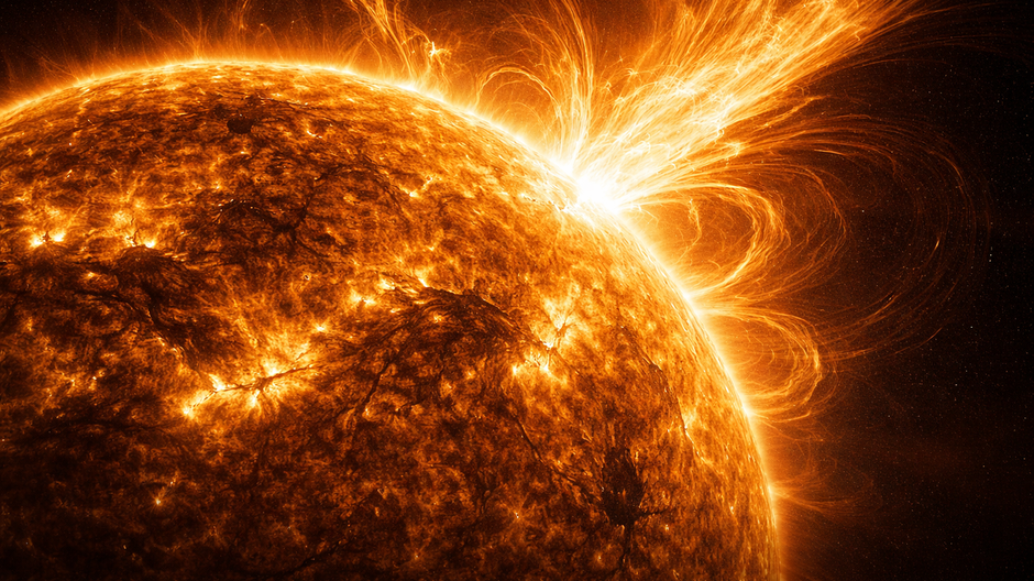 Silná slnečná erupcia zachytená počas intenzívnej solárnej aktivity, s viditeľnými plazmovými slučkami a magnetickými oblúkmi na povrchu Slnka.