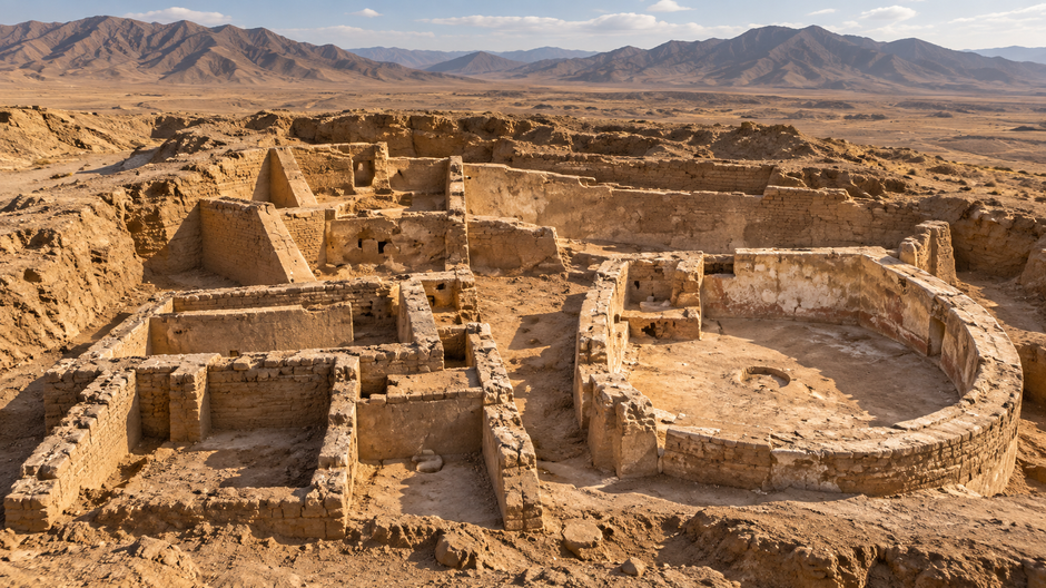 Rekonštrukcia starovekého chrámového komplexu Huaca del Loro v peruánskej púšti, kde archeológovia skúmajú pozostatky civilizácií Nasca a Wari.