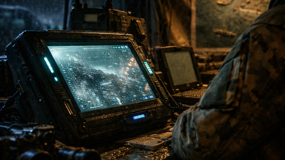 Fotorealistický bojový stan s veliteľom a svietiacim AI systémom pri taktickej mape počas simulovanej operácie.