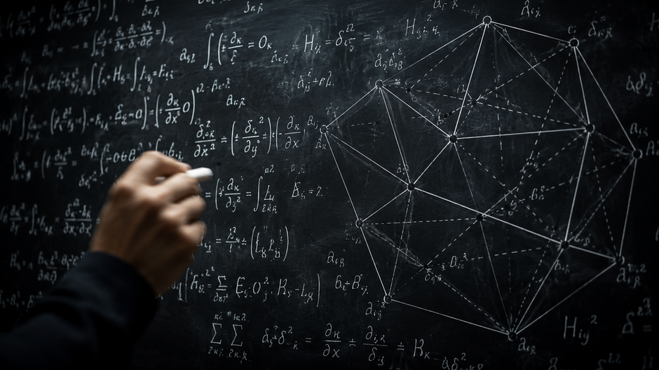 Tabuľa s matematickou rovnicou a geometrickým diagramom bodov pripomína Erdősov problém, ktorý skúmal model OpenAI.