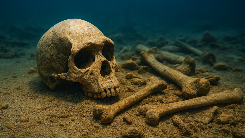 Podmorský záber lebky a kostí Homo erectus na piesočnatom dne oceánu pri slabom svetle v oblasti Sundalandu