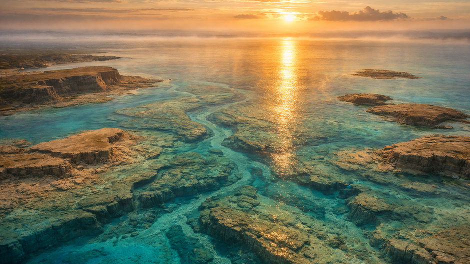 Letecký pohľad na plytké tyrkysové vody pri pobreží Austrálie, pod ktorými sú viditeľné starobylé riečne údolia, kaňony a plošinové štruktúry, osvetlené zlatým západom slnka v dokumentárnom štýle.