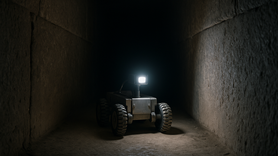 Prieskumný robot osvetľuje úzku kamennú šachtu vnútri Veľkej pyramídy v Gíze
