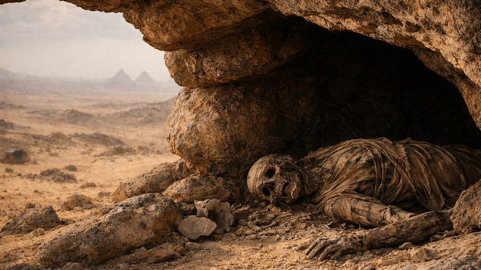 Fotorealistická archeologická scéna zobrazujúca starovekú severoafrickú múmiu ležiacu mŕtvo v tieni skalného úkrytu v púšti, s rozpadnutými ľanovými obväzmi, kamenným podložím a vzdialenými egyptskými pyramídami rozmazanými v horúčavovom opare