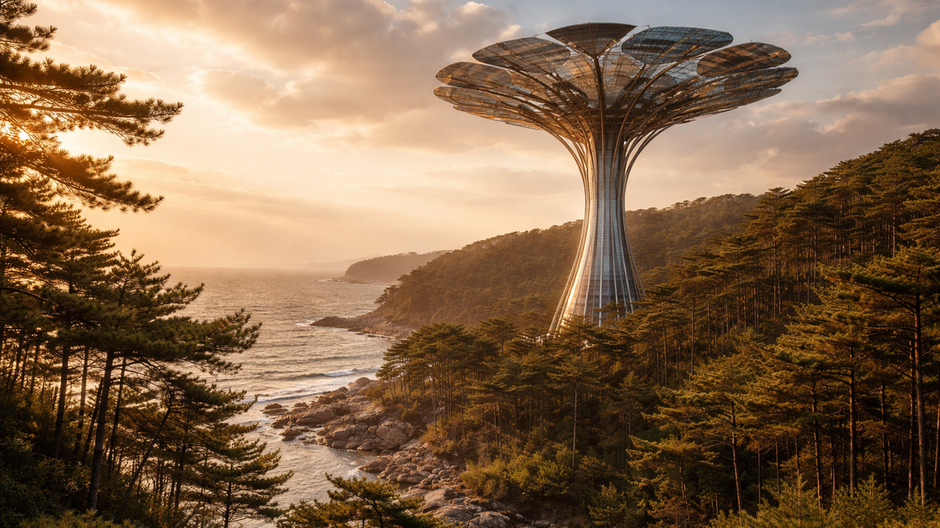 Fotorealistický solárny strom stojaci v zachovanom pobrežnom lese v Južnej Kórei