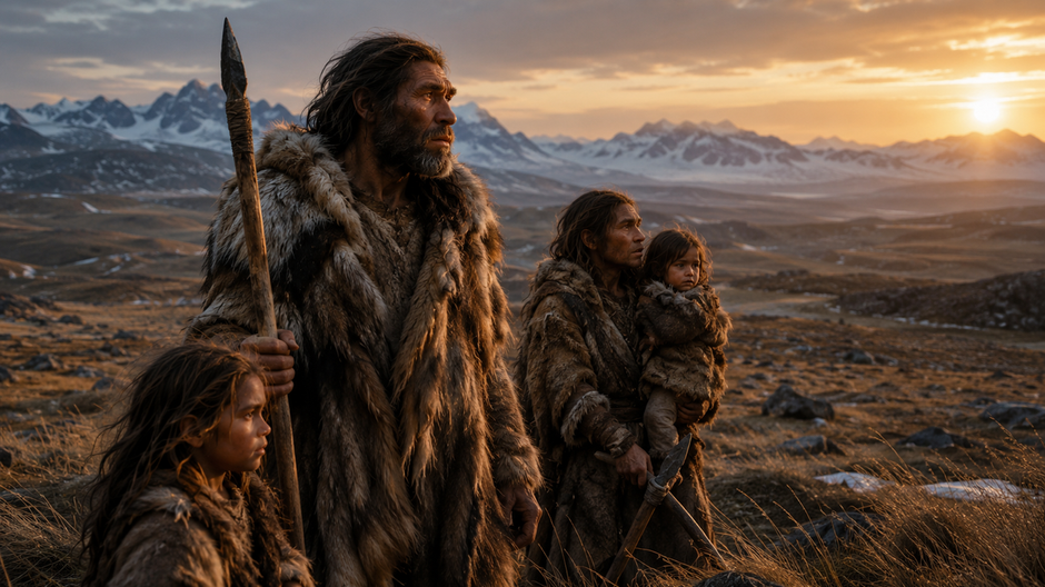 Rekonštrukcia skupiny neandertálcov v ľadovej krajine Európy počas poslednej doby ľadovej.