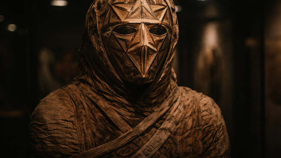 Detail záhadnej egyptskej múmie s geometrickou maskou objavenej Howardom Carterom