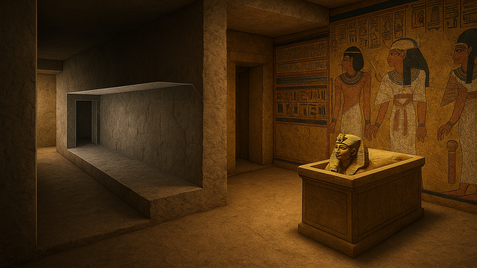 Digitálne spracovaný pohľad na hrobku Tutanchamóna s vyznačenými teoretickými priestormi za stenou, kde by mohla byť pochovaná Nefertiti,