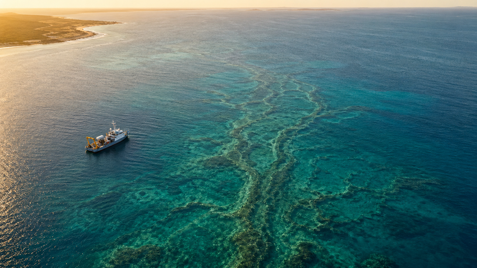 Výskumná loď nad zatopenou pravekou krajinou pri severnom pobreží Austrálie.