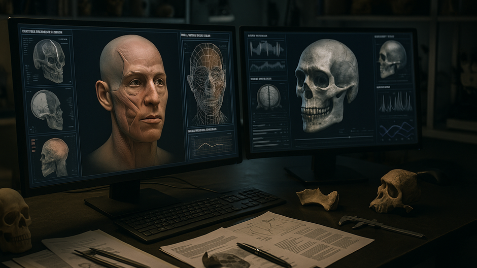 Detailný záber na laboratórny stôl antropologického tímu s dvoma monitormi zobrazujúcimi 3D rekonštrukciu ľudskej tváre a lebky