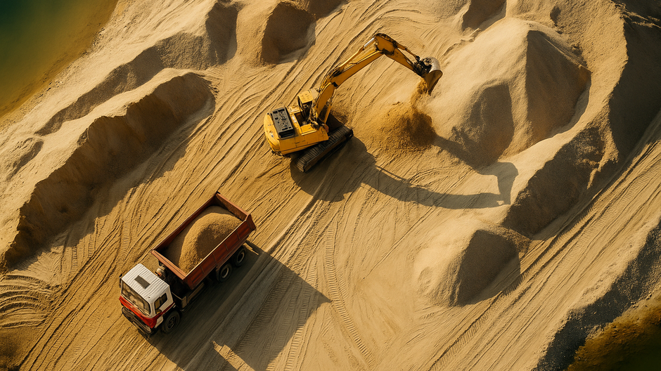 Letecký záber na ťažbu piesku, kde žltý bagger nakladá materiál do nákladného auta uprostred pieskových dun a vyjazdených koľají.