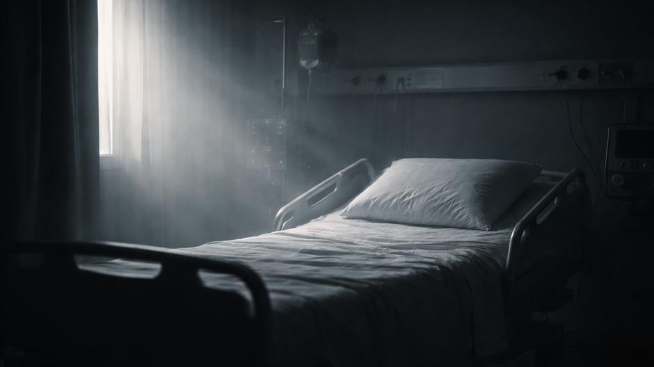 Prázdna nemocničná posteľ v tlmenom svetle, symbolizujúca posledné chvíle života a tiché doznievanie vedomia.