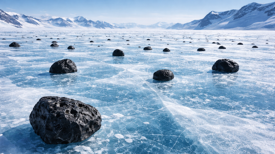 Širokouhlý pohľad na antarktický ľadový príkrov s tmavými meteoritmi roztrúsenými na modrom ľade pod studeným denným svetlom