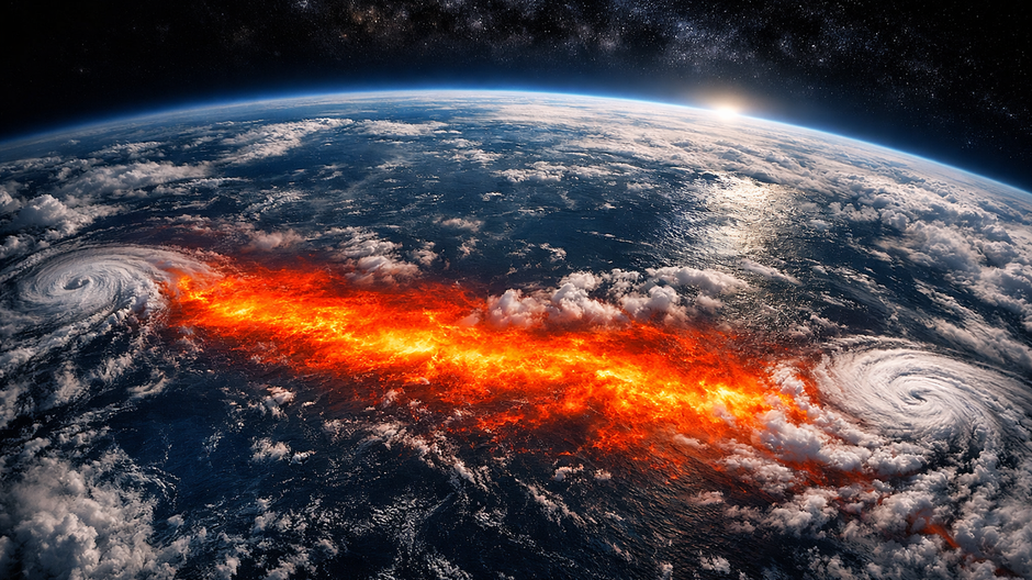 Fotorealistický pohľad na Tichý oceán z vesmíru so zónou nezvyčajne teplej vody a formujúcimi sa búrkovými systémami