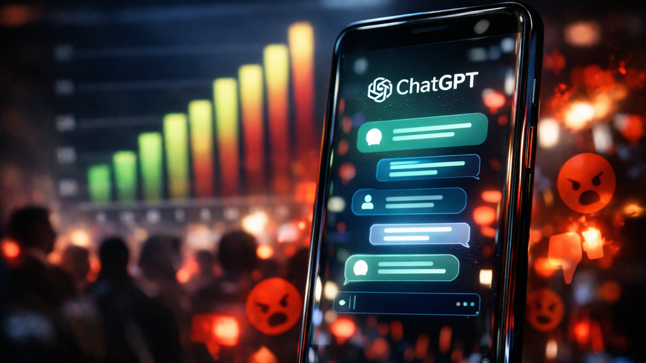 Smartfón s AI chatom na displeji a naznačeným návratom aplikácie na vrchol rebríčka po vlne kritiky