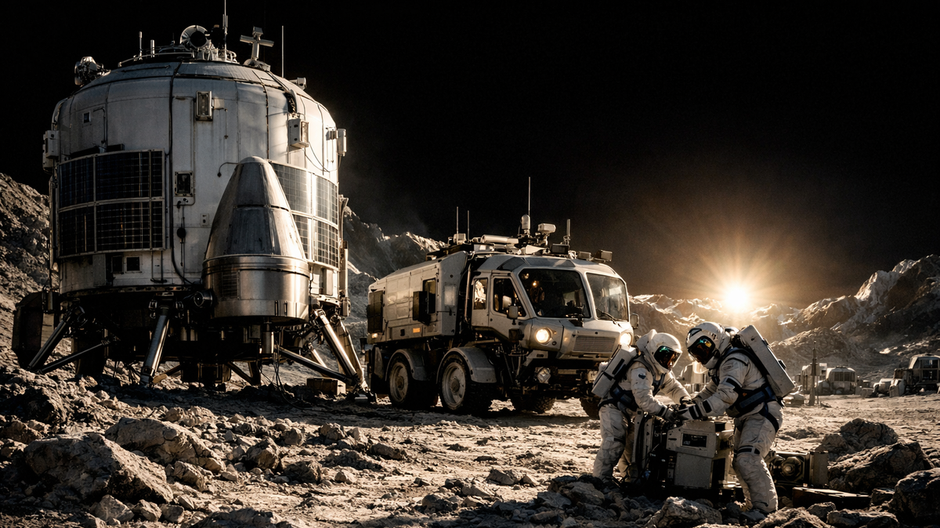 Vizualizácia realistickej lunárnej základne NASA pri južnom póle Mesiaca s astronautmi a roverom.