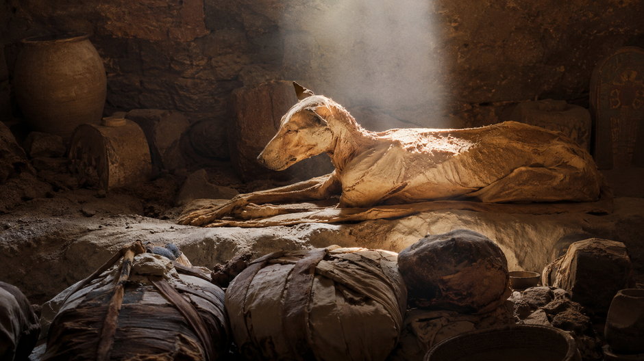 Mumifikovaný pes medzi ľudskými múmiami v staroegyptskej hrobke, ilustračná rekonštrukcia archeologického nálezu.