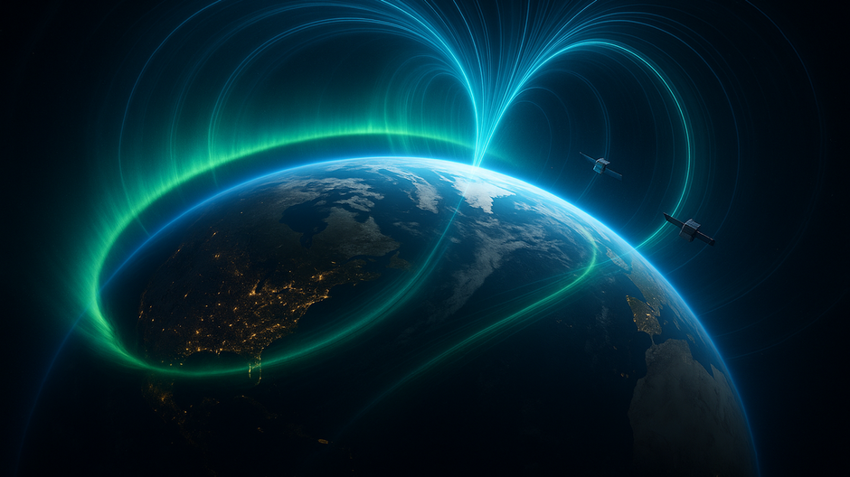 Fotorealistický záber Zeme obklopenej magnetickými poľami a polárnou žiarou, zachytávajúci satelity misie NASA MMS pri pozorovaní magnetických odrazov