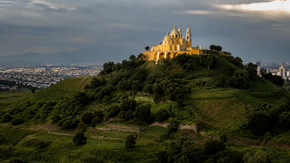 Veľká pyramída v Cholule v Mexiku pokrytá trávou s koloniálnym kostolom na vrchole.