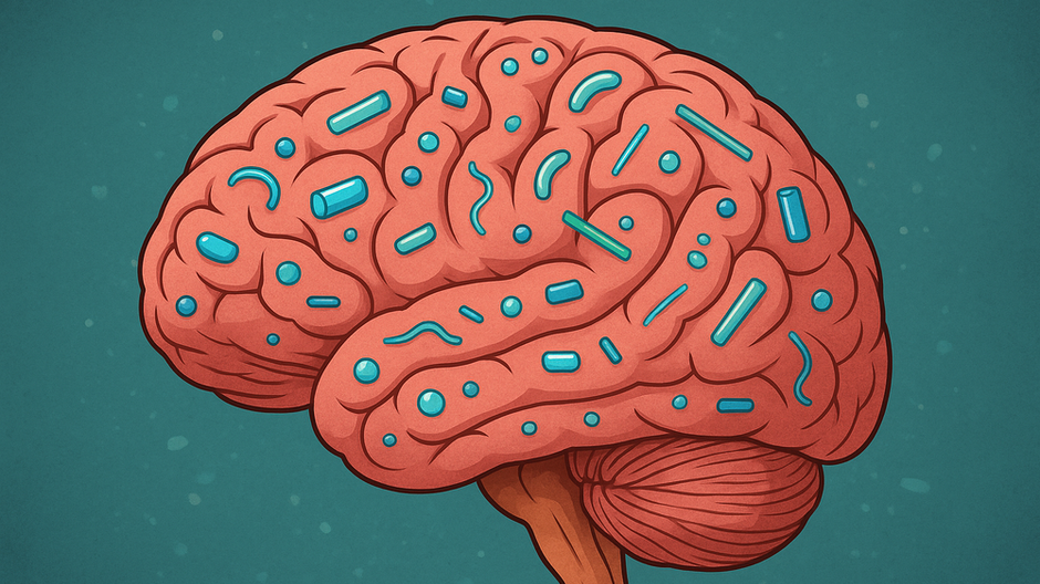 Ilustrácia ľudského mozgu s viditeľnými mikroplastovými časticami rozptýlenými v mozgových záhyboch na modrom pozadí.
