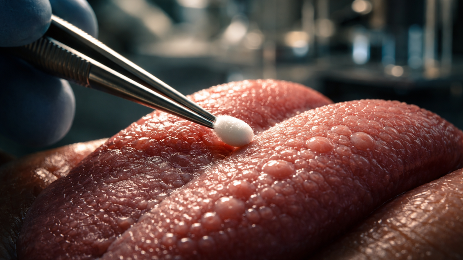 Laboratórny detail jazyka a chuťových papíl počas vedeckého skúmania po infekcii covidom.