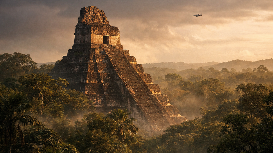 Fotorealistický pohľad na mayskú pyramídu vyrastajúcu z hustého guatemalského pralesa pri dramatickom večernom svetle.