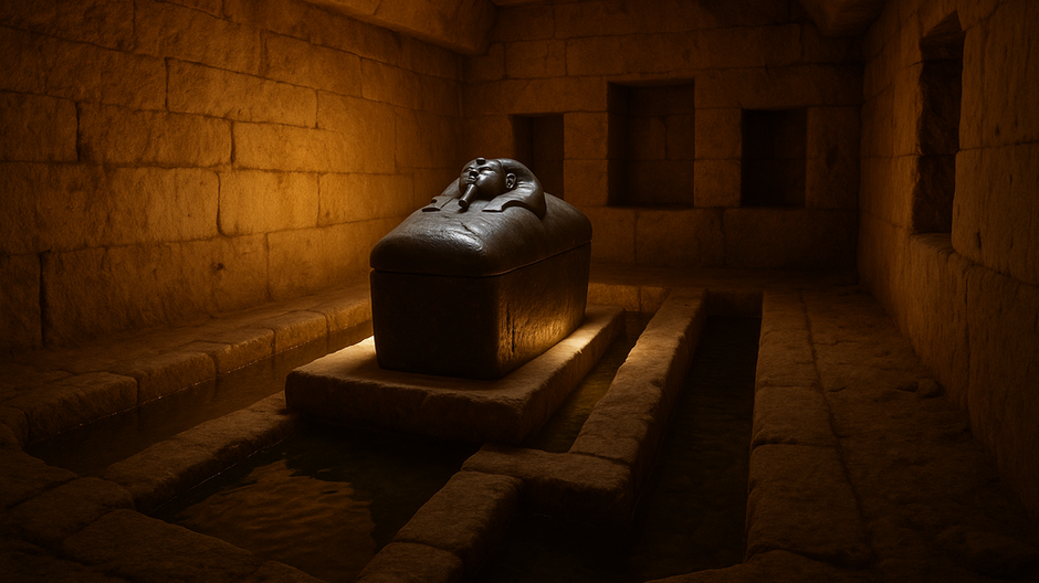 Realistická podzemná komora pod Gízou so sarkofágom na vyvýšenej plošine, obklopeným kanálmi s vodou a starobylými kamennými stenami.
