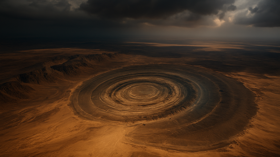 Letecký satelitný záber na obrovské koncentrické kruhy Richatovej formácie v púšti, pripomínajúce legendárnu štruktúru spájanú s Atlantídou.