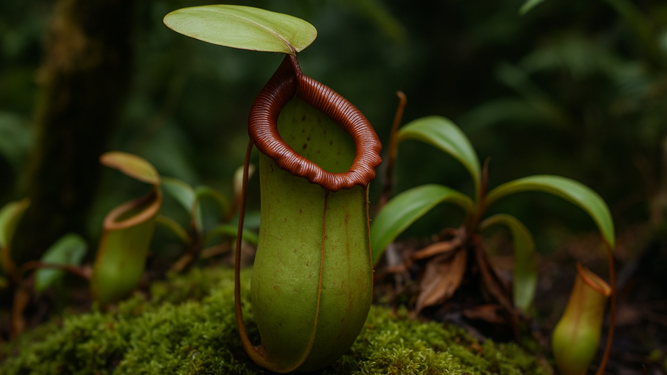 Detailný záber mäsožravej rastliny Nepenthes s lesklým zeleným krčiažnikom a červenohnedým okrajom, rastúcej medzi machmi a listami v tropickom lese