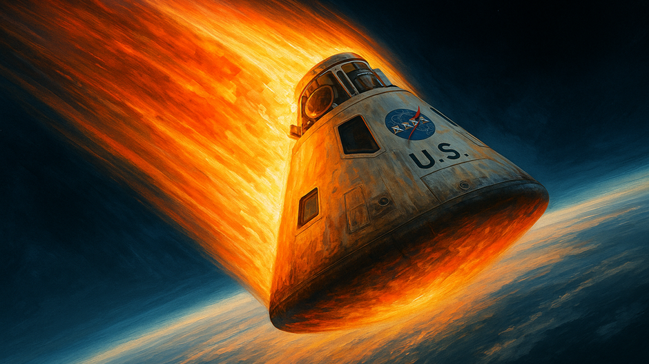 Kapsula Apollo 10 horí pri vstupe do atmosféry Zeme, obklopená žeravým plazmovým ohonom pri rýchlosti takmer 40 000 km/h