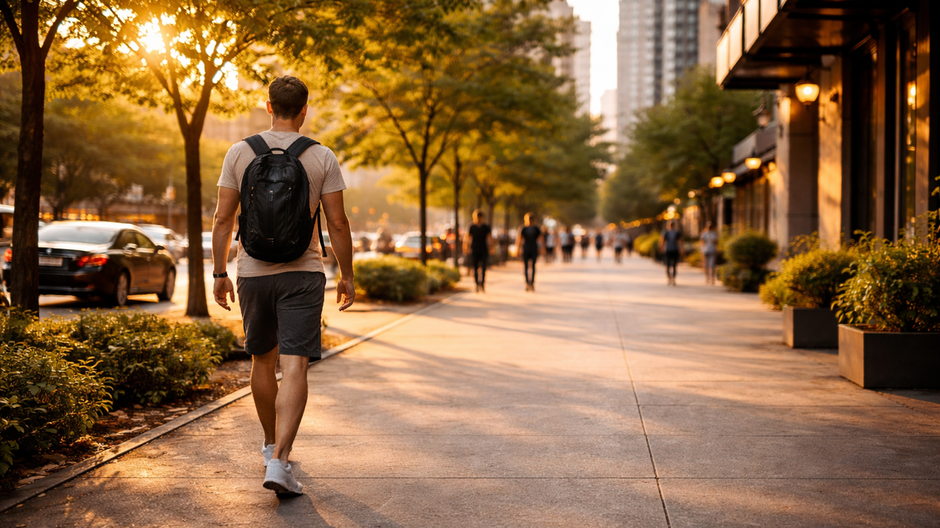 Muž kráčajúci mestským chodníkom počas večernej prechádzky ako symbol zdravého a prirodzeného pohybu