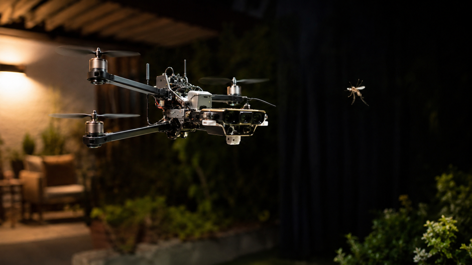 Malý štvorrotorový dron sleduje komára počas letu v záhrade.