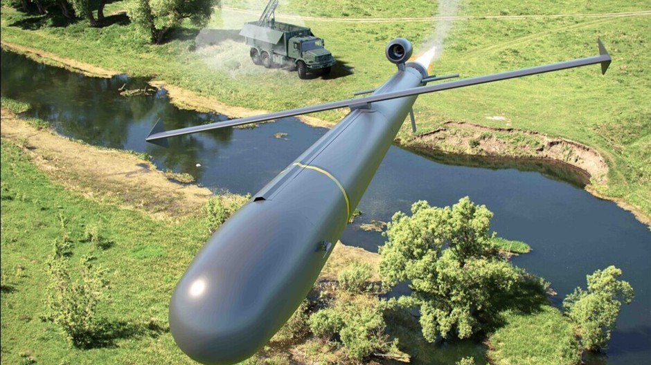 Moderný vojenský kamikadze dron s dlhým doletom.