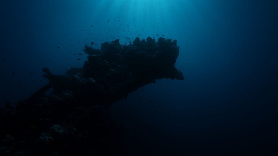 Podmorský záber na temný koralový útes v hlbinách oceánu so svetlom prenikajúcim z hladiny počas dňa, bez veľrýb a sonaru