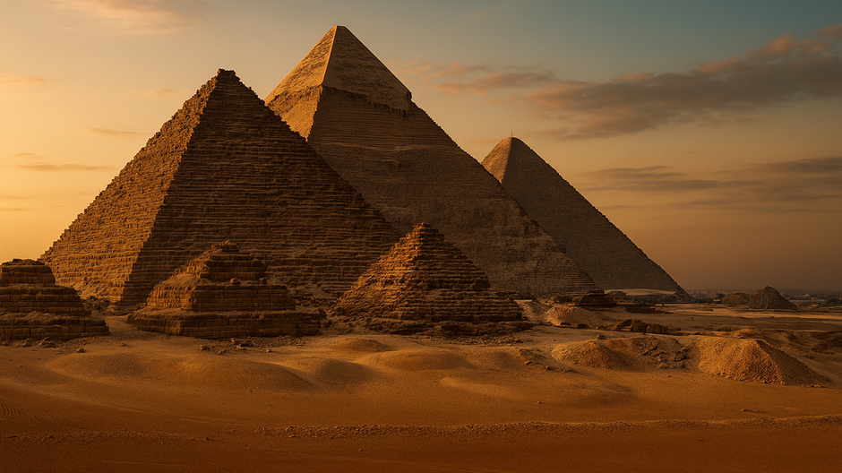 Fotografia pyramíd v Gíze pri západe slnka, osvetlených teplým zlatistým svetlom, s tieňmi padajúcimi cez púšť a výraznými tvarmi monumentálnych stavieb.