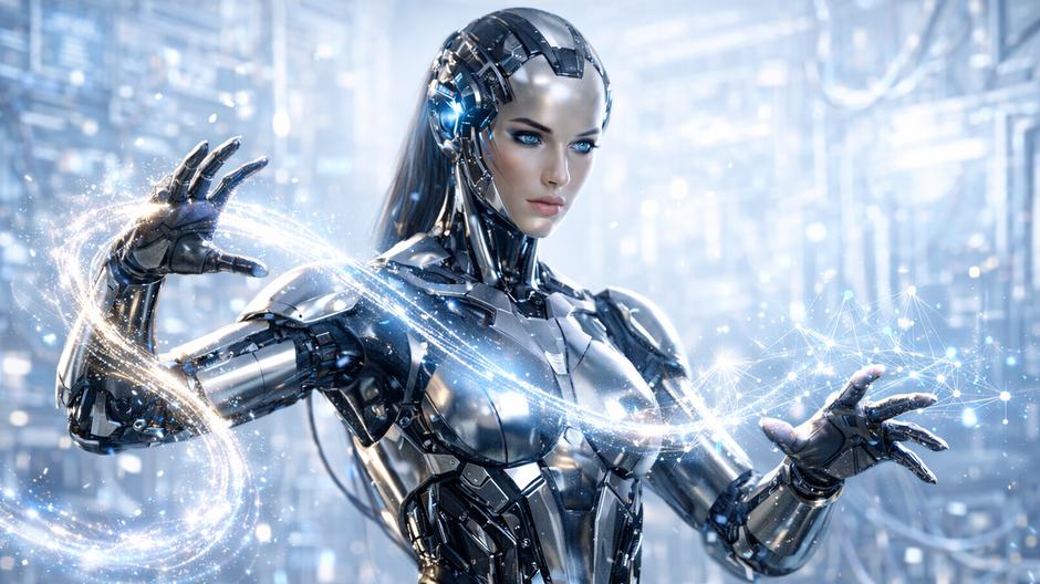 Fotorealistická robotická žena manipuluje digitálnym kyberpriestorom pomocou holografických dát.