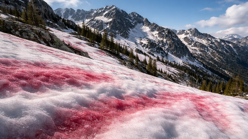 Ružové a červené škvrny melónového snehu na horskom svahu, spôsobené mikroskopickými riasami v topiacom sa snehu.