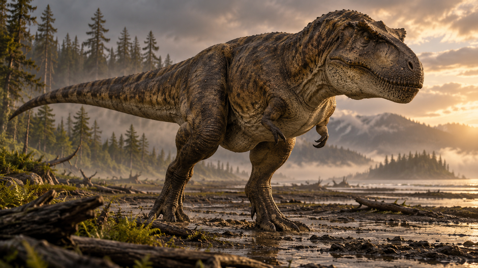 Ilustračná rekonštrukcia mohutného tyranosaura v pravekej mokradi, inšpirovaná jedincom Scotty.