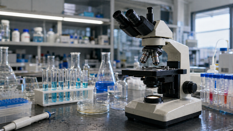 Detailný záber na pracovný stôl v laboratóriu s mikroskopom a skúmavkami