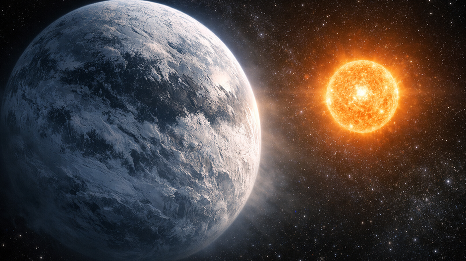 Fotorealistická vizualizácia zamrznutej kamennej exoplanéty veľkosti Zeme s ľadovým povrchom a jemným atmosférickým oparom, obiehajúcej okolo mierne oranžovej hviezdy typu K, s dramatickým, vedecky presným osvetlením a hlbokým čiernym vesmírom plným vzdia