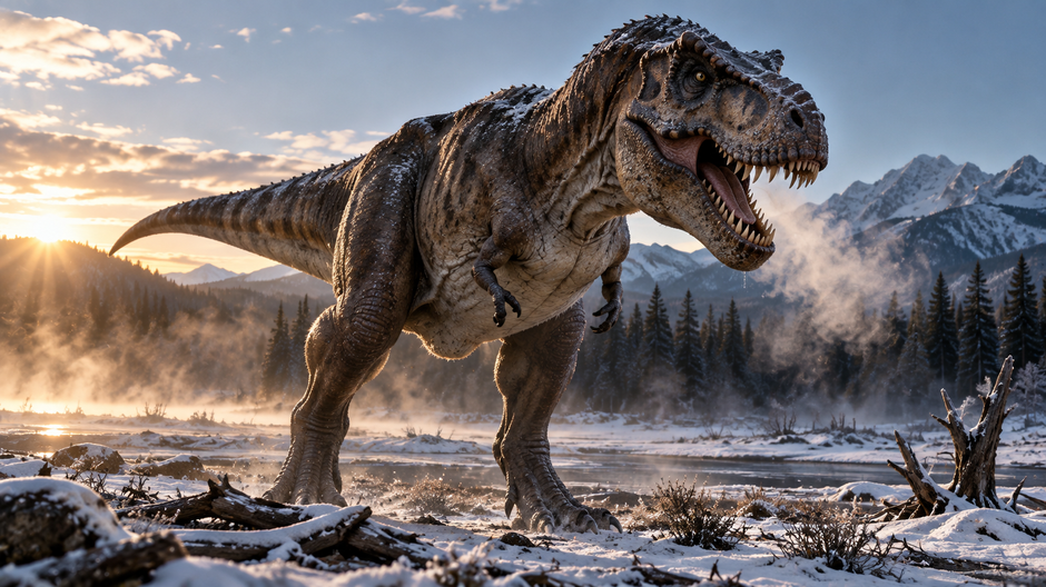 Fotorealistická rekonštrukcia T. rexa v chladnej pravekej krajine, kde mu schopnosť udržiavať telesné teplo mohla poskytovať výhodu.