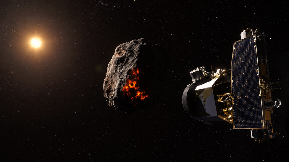 Fotorealistická vizualizácia teleskopu NEO Surveyor sledujúceho asteroid vo vesmíre.
