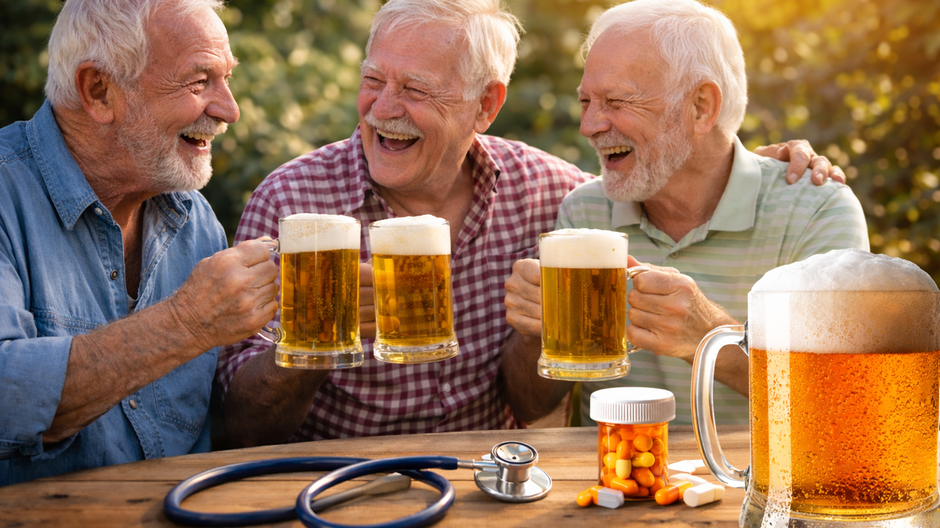 Traja starší muži sedia pri stole a smejú sa pri pohároch piva, symbol bežného pitia alkoholu v staršom veku a otázok spojených so zdravím