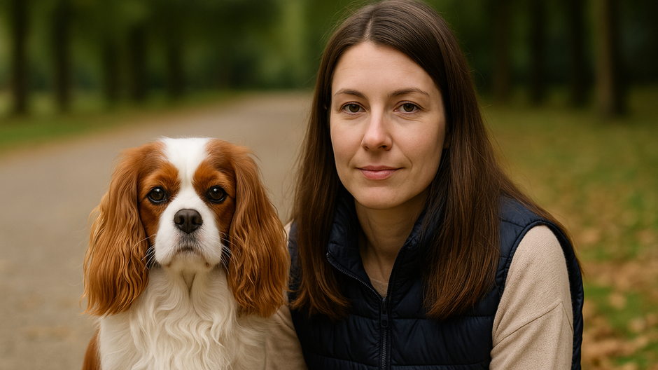 Žena a jej pes s podobným výrazom a farbou vlasov sedia vedľa seba v jesennom parku