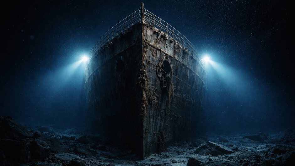 Fotorealistický nízkouhlový pohľad na provu vraku RMS Titanic v hĺbke približne 4000 metrov, osvetlenú silnými svetlami ponorky, s korodovaným trupom pokrytým hrdzavými útvarmi a roztrúsenými troskami na tmavom dne oceánu, obklopenú jemnými časticami mors